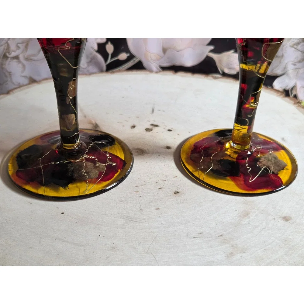 Euroglass‎ Stemware Hand Painted Abstract Wine Glasses Red Blue Yellow Gold Pair